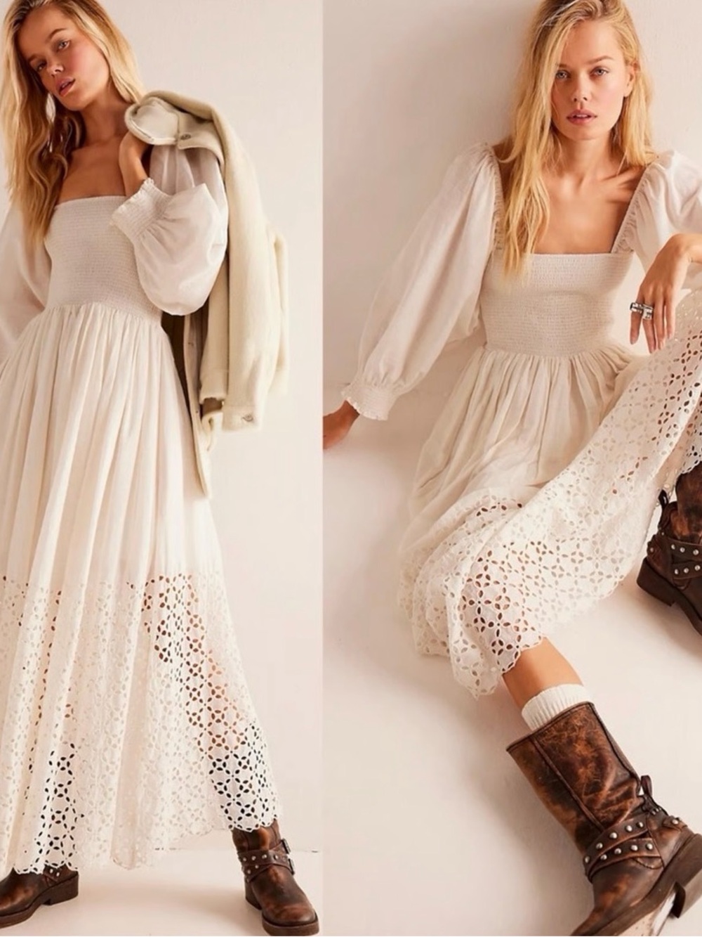 NWT Free People Perfect Storm Eyelet Smocked Midi Dress